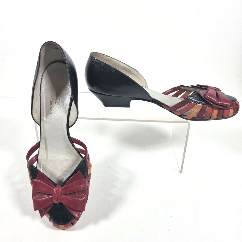 Vintage Bally Women's Shoes Size 6.5B Leather Black Red Bow D'Orsay Kitten Heels